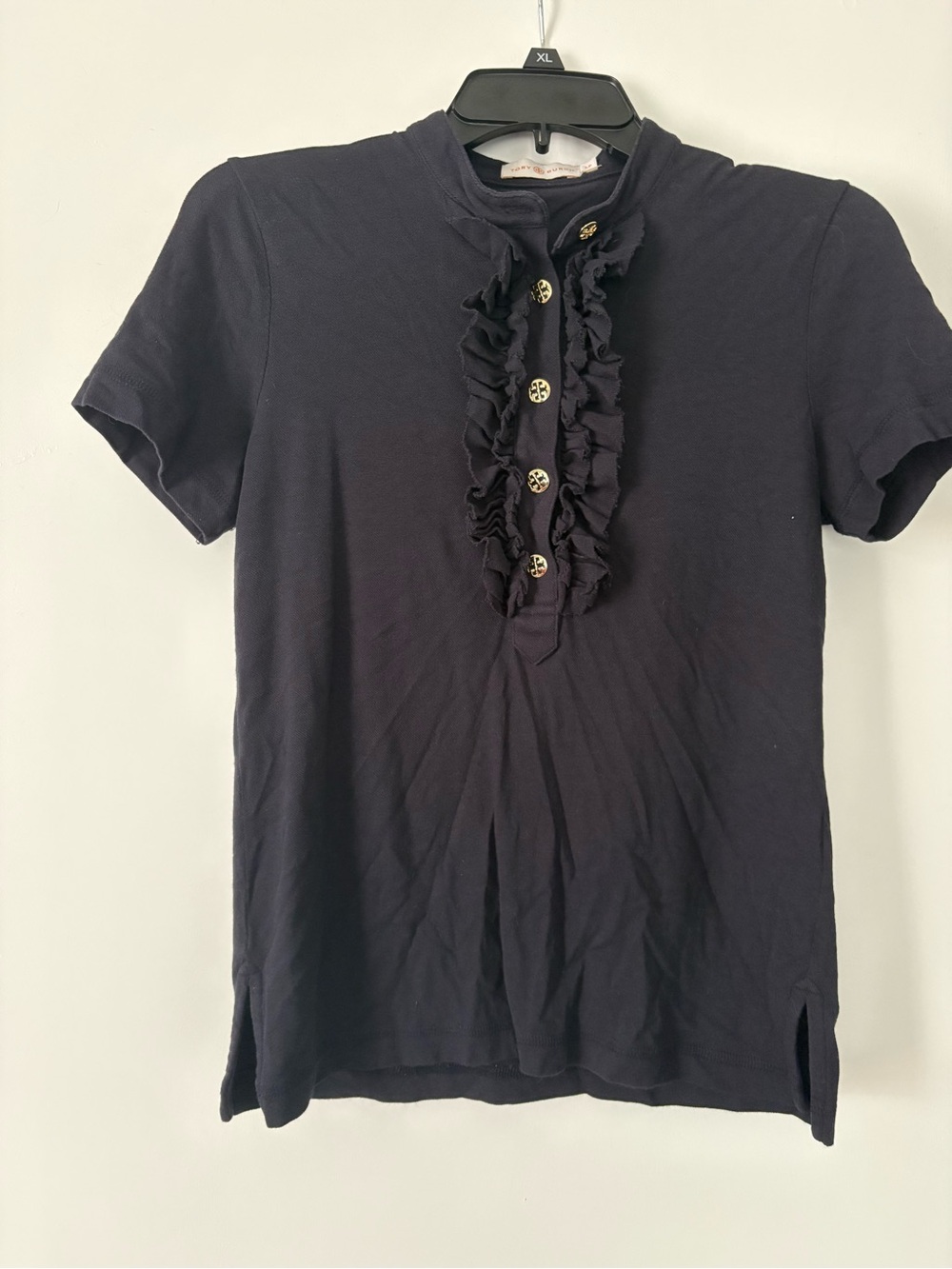 Tory Burch Navy Ruffle-Placket Short Sleeve Top with Gold Buttons